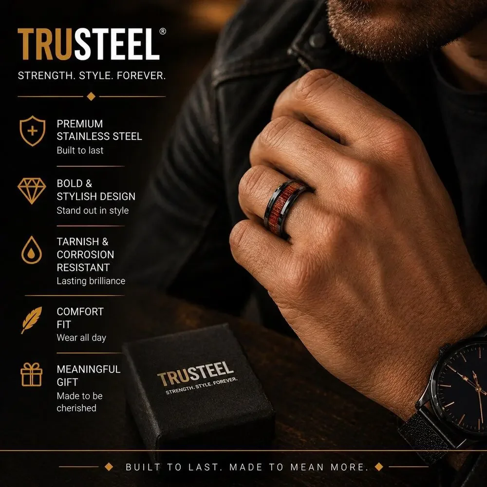 Wood Inlay‎ Center Beveled Edges Black IP Stainless Steel Rings Size 13 Mens